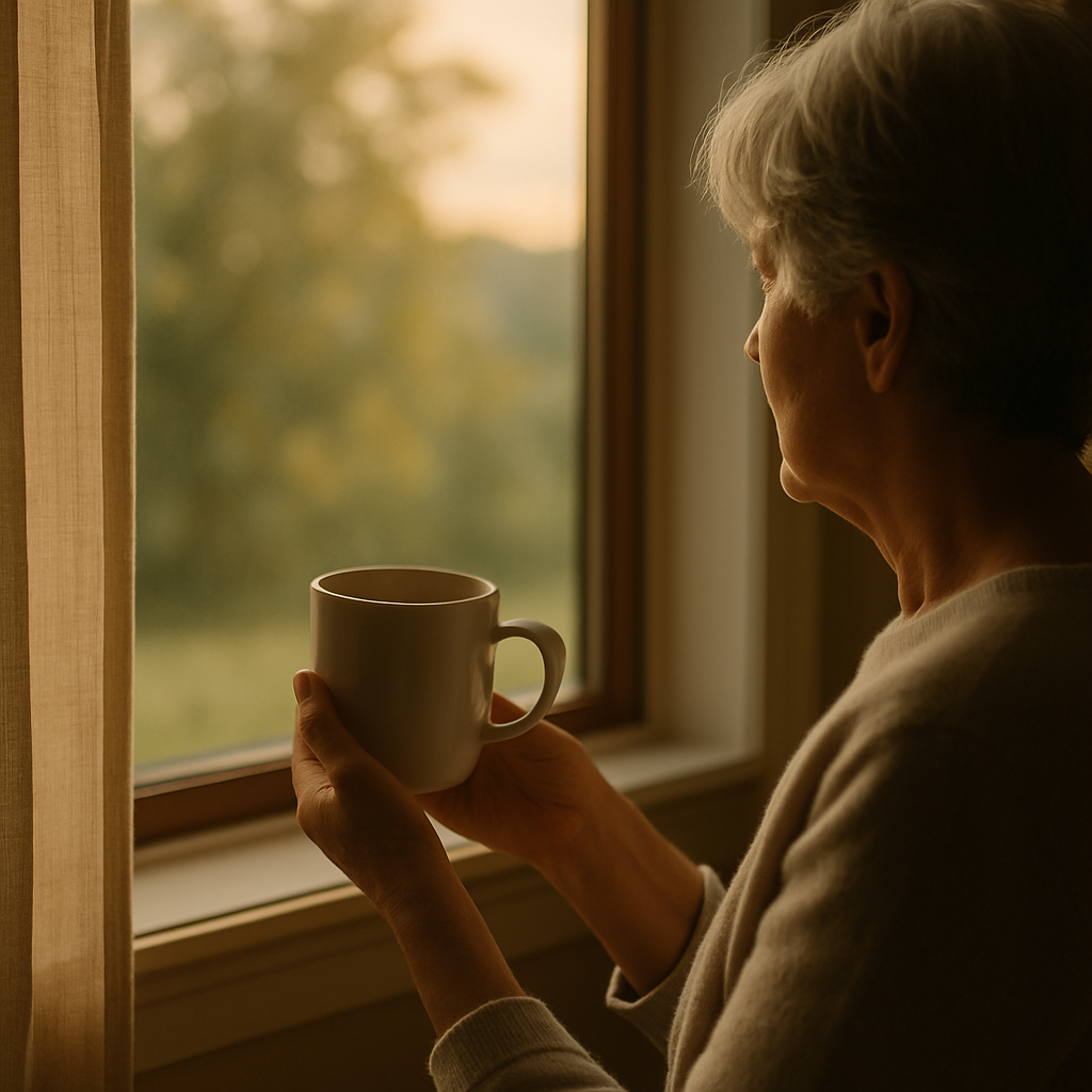 Eine Frau, Anfang 60, steht am Fenster. Sie hält eine Kaffeetasse in der Hand.