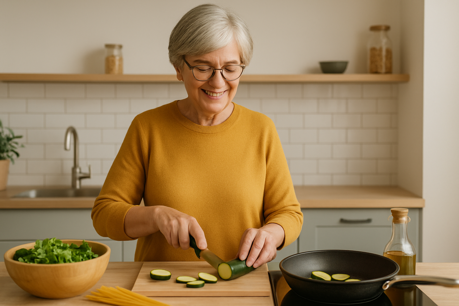 Eine Frau, ca. 60 Jahre alt, steht in der Küche und schneidet Gemüse