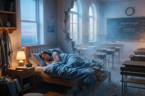 Person sleeping in bed with a wall transforming into a classroom scene with desks and chalkboard