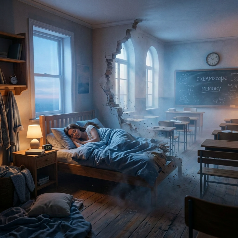 Person sleeping in bed with a wall transforming into a classroom scene with desks and chalkboard