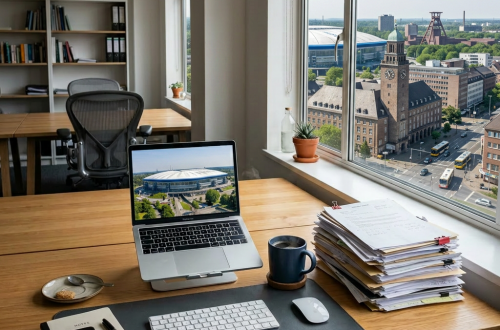 Office desk with laptop, keyboard, mouse, stacked papers, coffee cup, and city skyline outside window