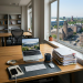 Office desk with laptop, keyboard, mouse, stacked papers, coffee cup, and city skyline outside window