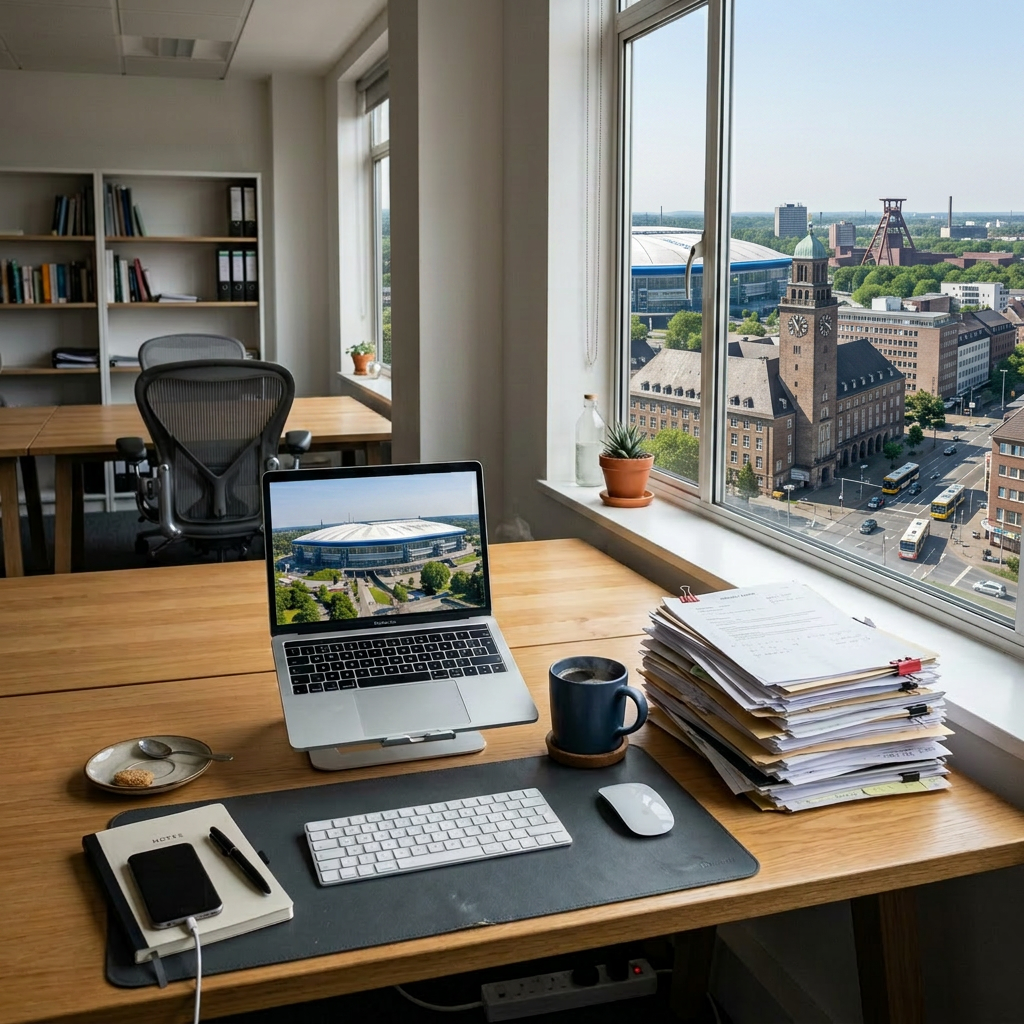 Office desk with laptop, keyboard, mouse, stacked papers, coffee cup, and city skyline outside window