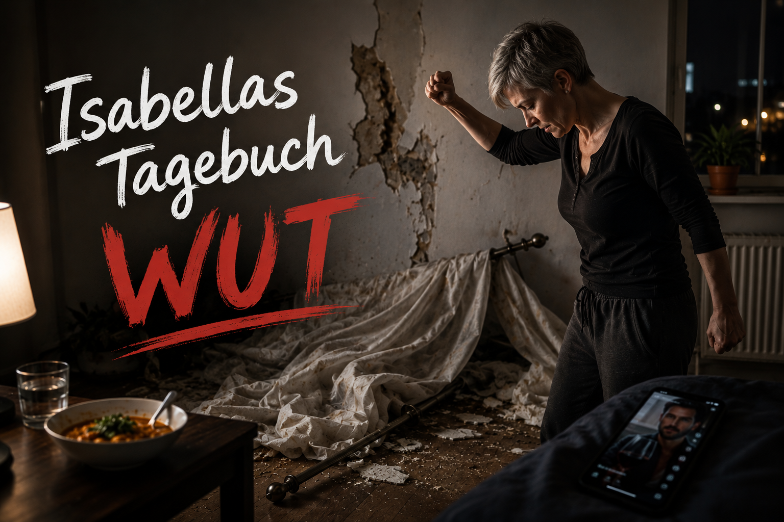Eine wütende Isabella reißt die Gardine von der Wand